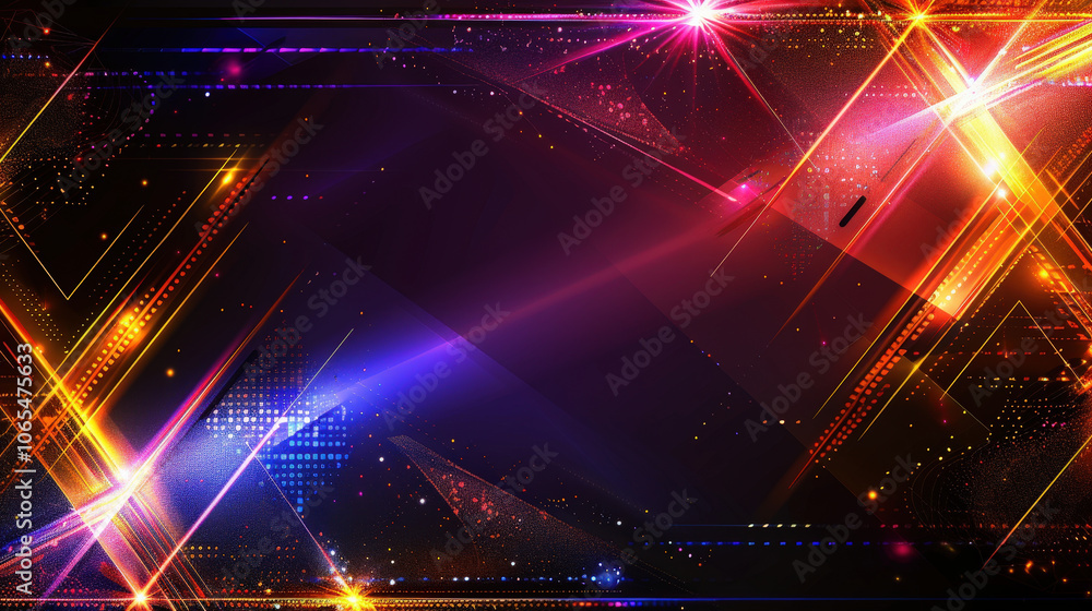 Obraz premium Vibrant abstract sci fi background featuring dynamic lines, glowing lights, and grid pattern. This colorful design evokes sense of energy and movement, perfect for various creative projects