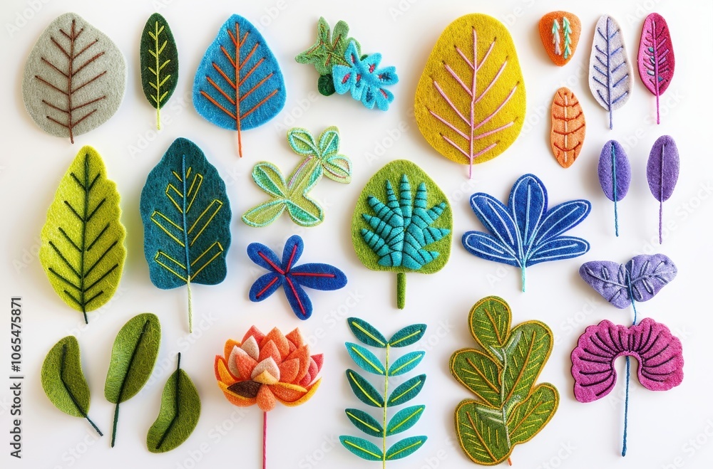 Vibrant felt embroidery flowers and leaves with geometric patterns Vibrant felt embroidery flowers and leaves with geometric patterns