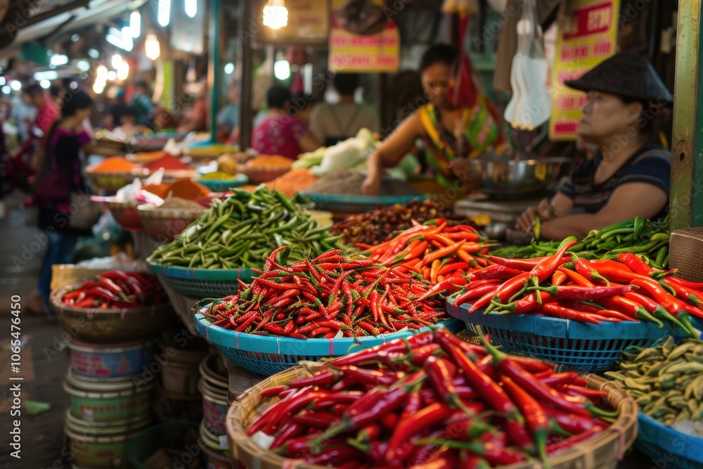 Fototapeta premium Vibrant market stall brimming with various spicy ingredients