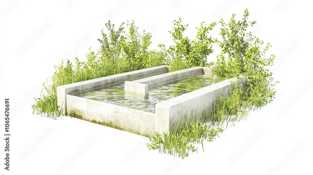 Fototapeta premium Crystalclear reservoir water with intake screens, surrounded by nature, clean water supply system