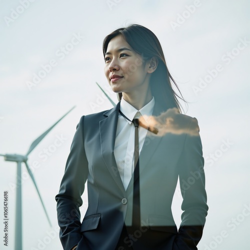 Business pro  wind turbine in double-exposure symbolizing eco-sustainability and responsible corporates photo