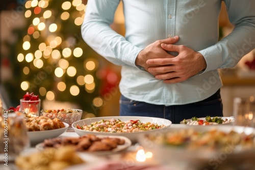 a man in a light shirt holds his stomach in pain against the background of a festive table with a lot of food