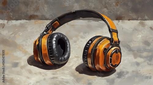 Artistic representation of ear protection gear, such as earmuffs and earplugs photo