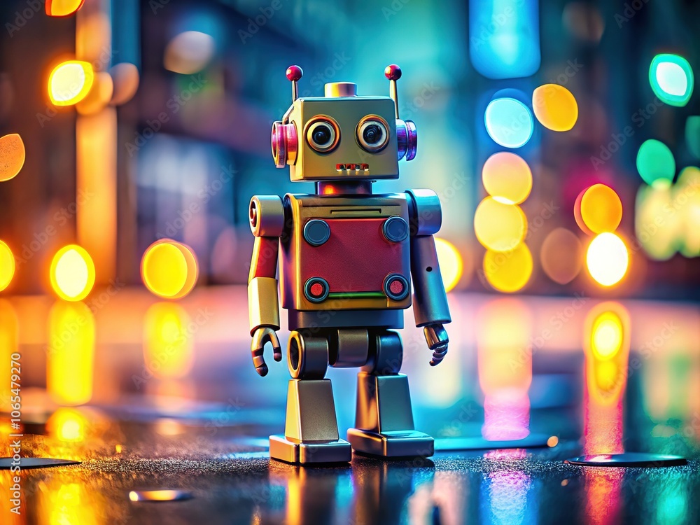 Naklejka premium Tilt-Shift Robot Illustration - Flat Design Tech Art