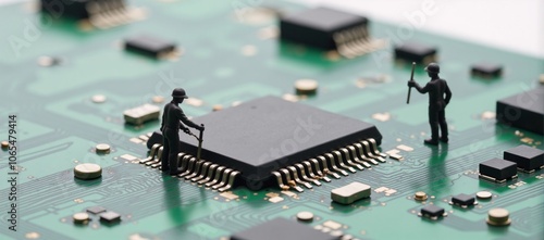 Creative miniatures repairing giant microchip on circuit board technology meets industry photo