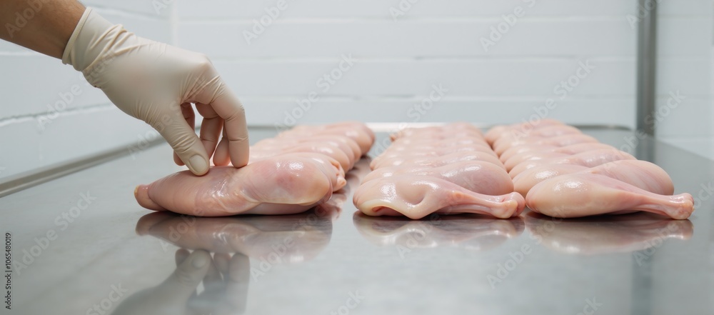 Fototapeta premium Raw chicken placed in sterile factory setting Processing Plant Scene