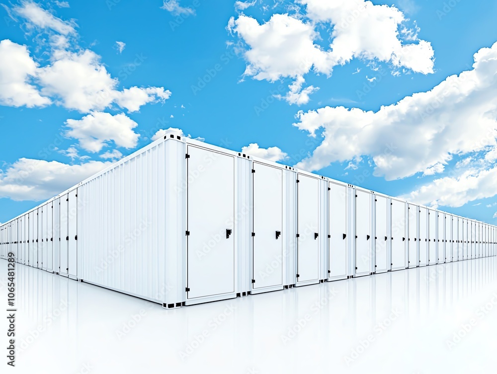 Fototapeta premium Towering storage units under blue sky, freshwater reserve