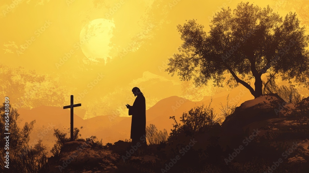 Fototapeta premium Silhouette of jesus in deep prayer in gethsemane before betrayal and crucifixion scene