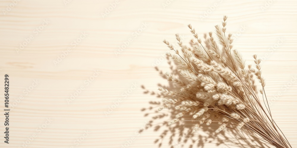 Fototapeta premium Delicate dried grass stalks with a soft, natural light casting long shadows on a light wooden surface.