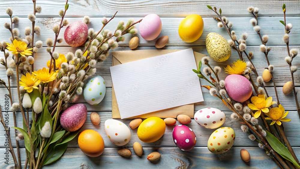 Obraz premium Bright Easter greeting card mockup surrounded by spring flowers and colorful eggs on a wooden table