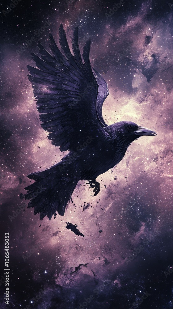 Fototapeta premium A raven soars gracefully through a starry night sky over a mystical landscape