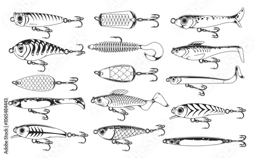 Fishing lures on white background