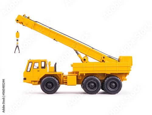 Yellow crane truck with long extendable arm, designed for construction and heavy lifting tasks. This model showcases detailed features and robust wheels, perfect for play or display photo