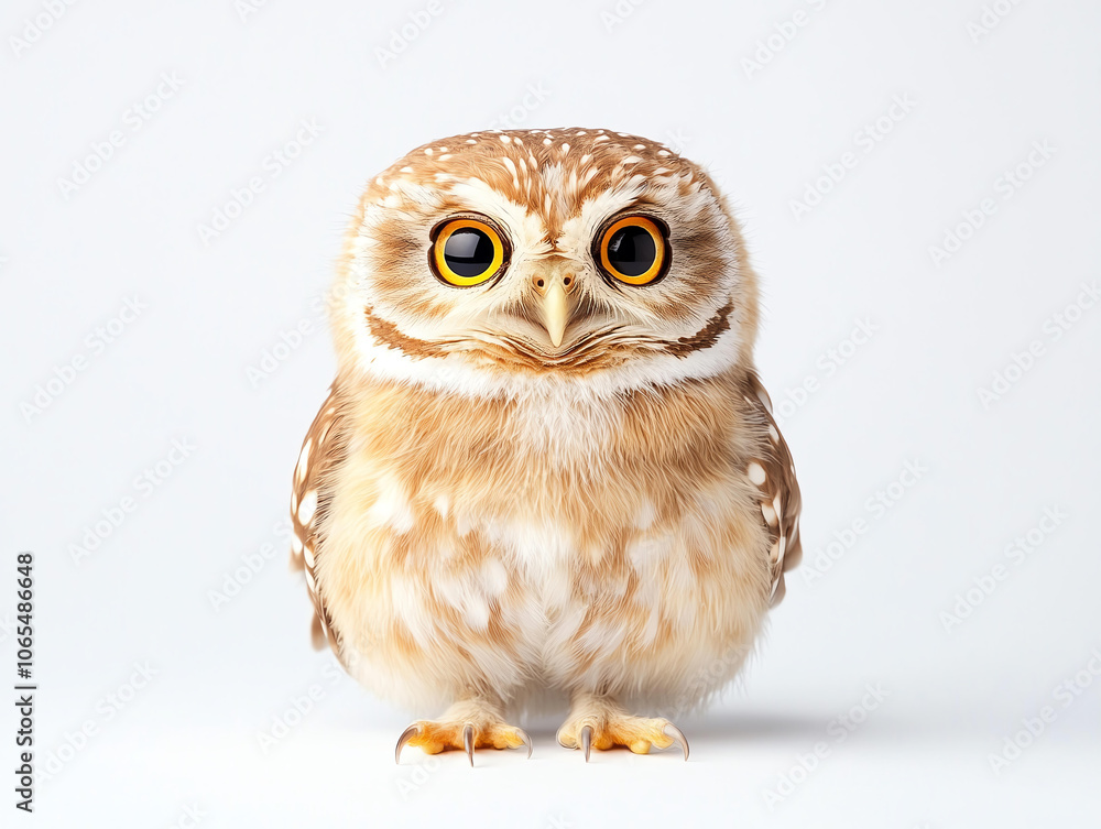 Obraz premium Cute owl with large eyes, fluffy feathers, and charming expression on white background. This captivating bird showcases its unique features and personality