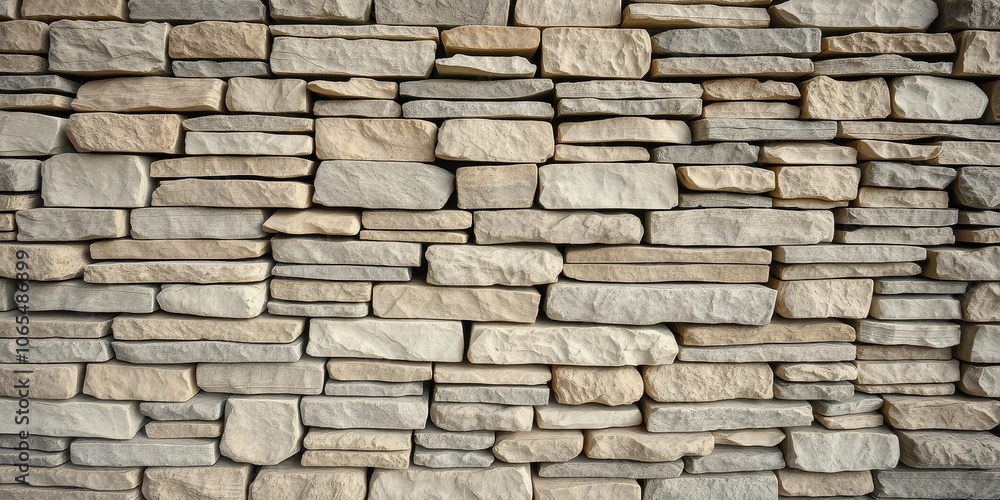 Fototapeta premium A wall of stacked rectangular and irregularly shaped stones, ranging in color from light to medium grey and tan, creating a textured and visually interesting surface.