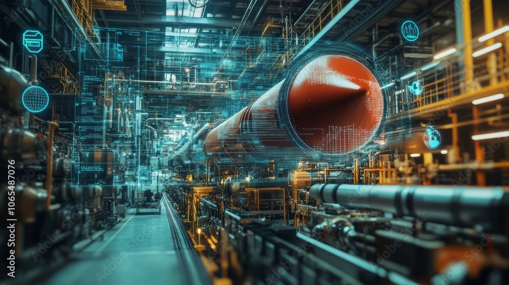 Digital twin of an industrial air with digital overlay showing data and collaboration icons, highlighting the integration between red rocket on one side Digital twin of an industrial air with digital overlay showing data and collaboration icons, highlighting the integration between red rocket on one side