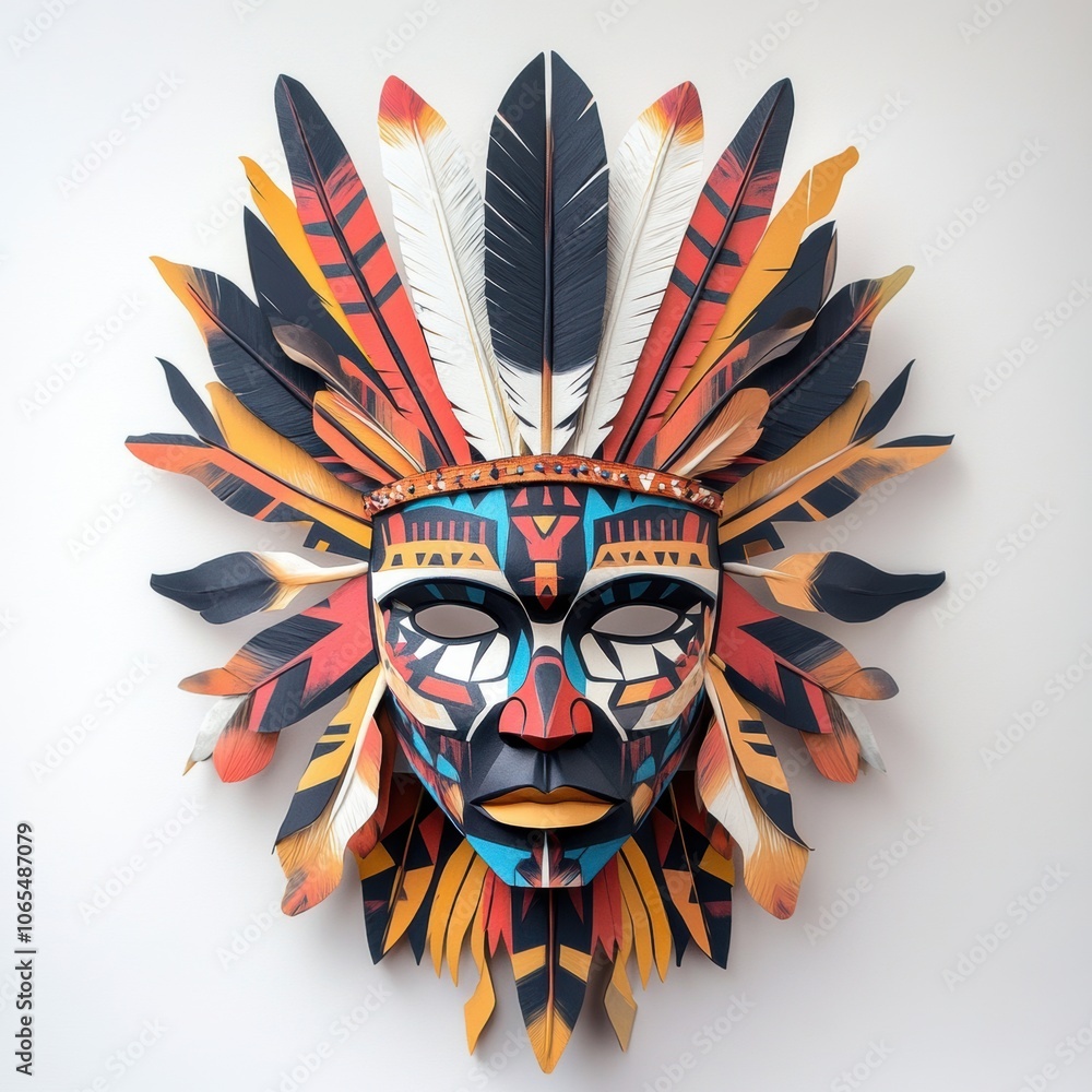 A Native American mask designed with detailed geometric patterns, crafted with layered