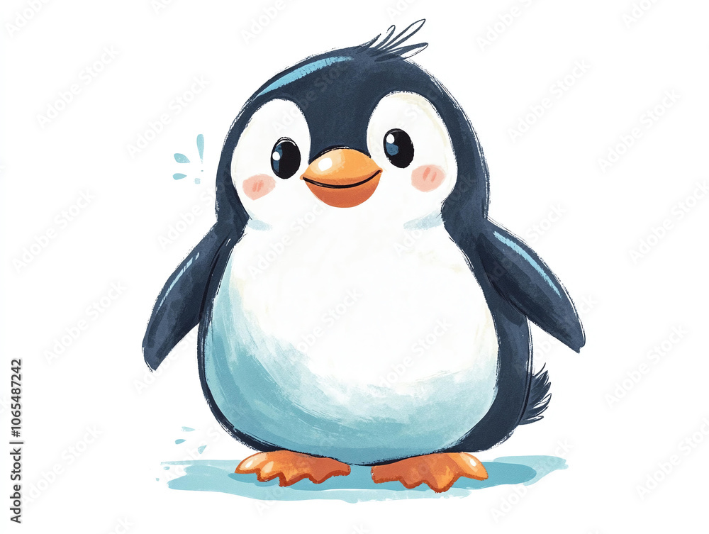 Obraz premium Cute cartoon penguin with cheerful expression, featuring round body, flipper like wings, and orange feet. This adorable character is perfect for children illustrations