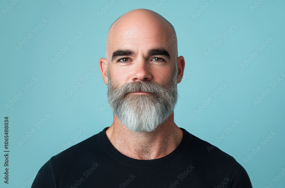Fototapeta premium A bald man with a gray beard, wearing a black T-shirt on a light blue background.