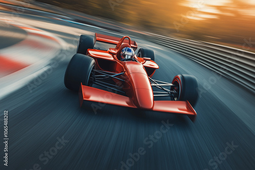 A red racing car navigates a sharp curve on a track against a vibrant sunset backdrop during a competitive racing.