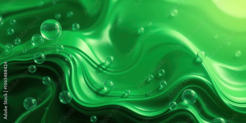 A vibrant abstract backdrop featuring shimmering green waves and floating transparent orbs, creating a surreal and ethereal ambiance. A vibrant abstract backdrop featuring shimmering green waves and floating transparent orbs, creating a surreal and ethereal ambiance.