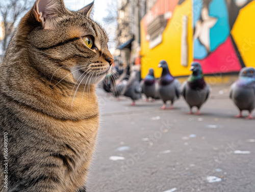 Obraz na płótnie Curious Cat Observing Pigeons in Urban Setting