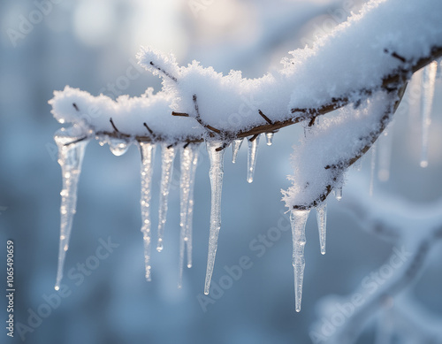 Close-up of delicate icicles hanging from a snowy tree branch