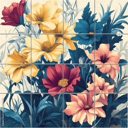 A series of vivid floral tiles with gradient shadows adding dimension, each tile finely