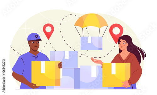 Deliveryman with cardboard box. Man and woman with cardboard boxes. Logistics and transportation, shipping, distribution. Online shopping and home delivery. Flat vector illustration