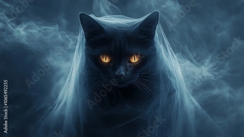 Black Cat with Glowing Eyes in Smoke and Veil photo