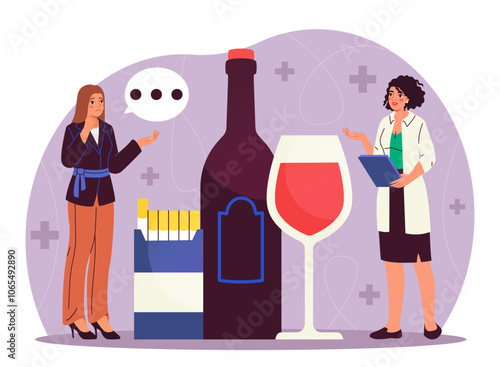 Woman with alcohol addiction. Young girl near huge glass and bottle of wine. Patient consults with doctor. Mental and psychological problems. Help from psychologist. Flat vector illustration