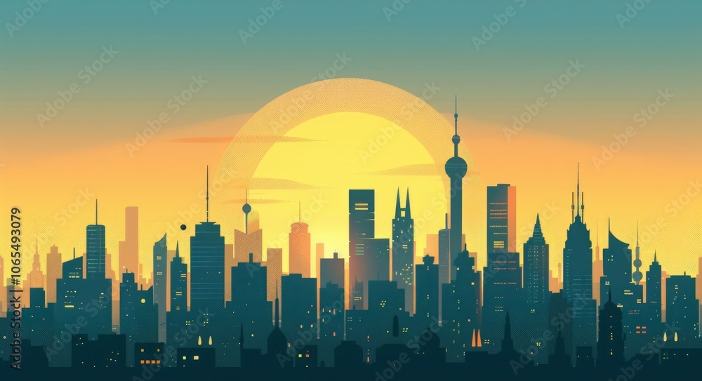 Obraz premium Cartoon Sunrise. Downtown Skyscrapers Silhouette at Sunset with Future Urban Business City View