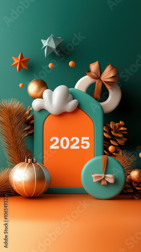 Innovative 2025 design featuring festive elements like ornaments, stars, and cloud. Perfect for holiday themes and celebrations