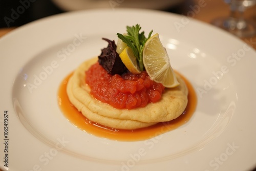 Gourmet Delight: Creamy Polenta with Vibrant Tomato Sauce, Lemon, and Fresh Herbs - Perfect for Fine Dining or Special Occasions photo