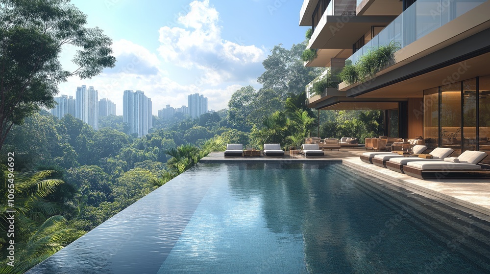 Fototapeta premium Luxurious poolside retreat with modern design, overlooking a forested skyline. Perfect blend of serenity and elegance.