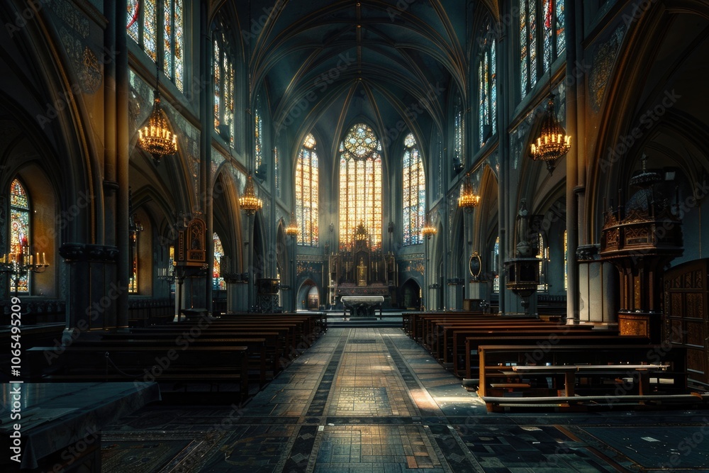 Fototapeta premium Church Interior. Cathedral Architecture with Gothic Altar and Religious Symbol