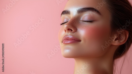 Serene woman with glowing skin against a pink background.