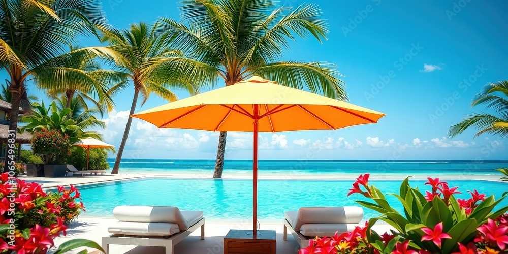 Fototapeta premium Tropical Paradise An inviting swimming pool with a bright orange umbrella, offering a picturesque view of the ocean, surrounded by lush greenery and vibrant flowers.