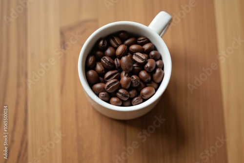 Freshly Roasted Coffee Beans in a White Mug on a Wooden Table - Perfect for Coffee Lovers and Home Decor