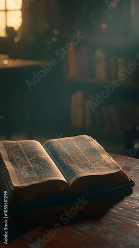 Single open book on a plain wooden table, soft warm lighting