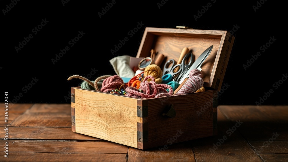 Fototapeta premium A well-worn wooden box overflowing with colorful yarn, beads, scissors, and a small knife, revealing a hidden world of creative possibilities.