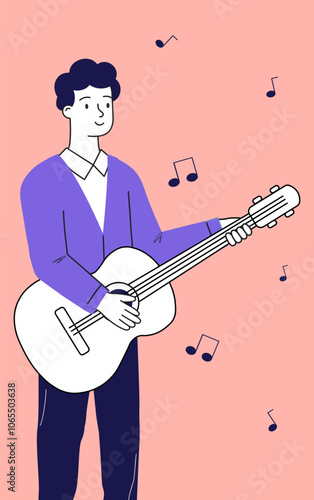 Man with hobby. Young guy with guitar singing. Hobby and leisure, occupation. Guitarist performing at scene. Talented musician. Linear vector illustration