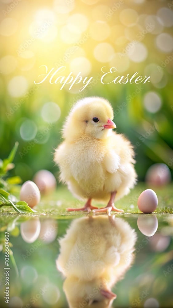 A joyful Easter moment with a fluffy chick and eggs reflected in soft sunlight on a tranquil spring day A joyful Easter moment with a fluffy chick and eggs reflected in soft sunlight on a tranquil spring day