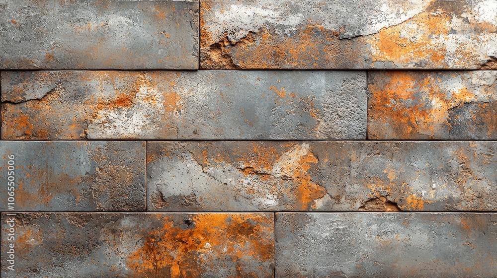 Textured wall featuring weathered gray and rusted orange surfaces. Textured wall featuring weathered gray and rusted orange surfaces.