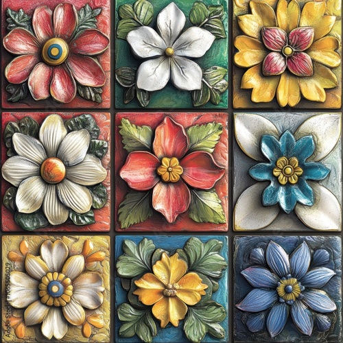 Obraz na płótnie Elegant arrangement of colorful floral tiles with a 3D layering effect, each tile detailed in high w salonie