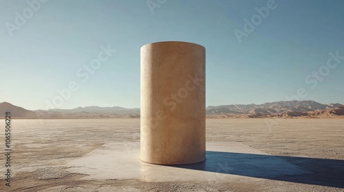 A smooth tan-colored cylinder, casting a long shadow on a desert surface photo