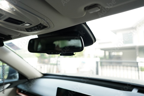 Interior View of Modern Car with Rearview Mirror