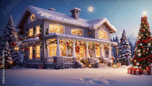 the facade of the house is decorated for the Christmas holidays