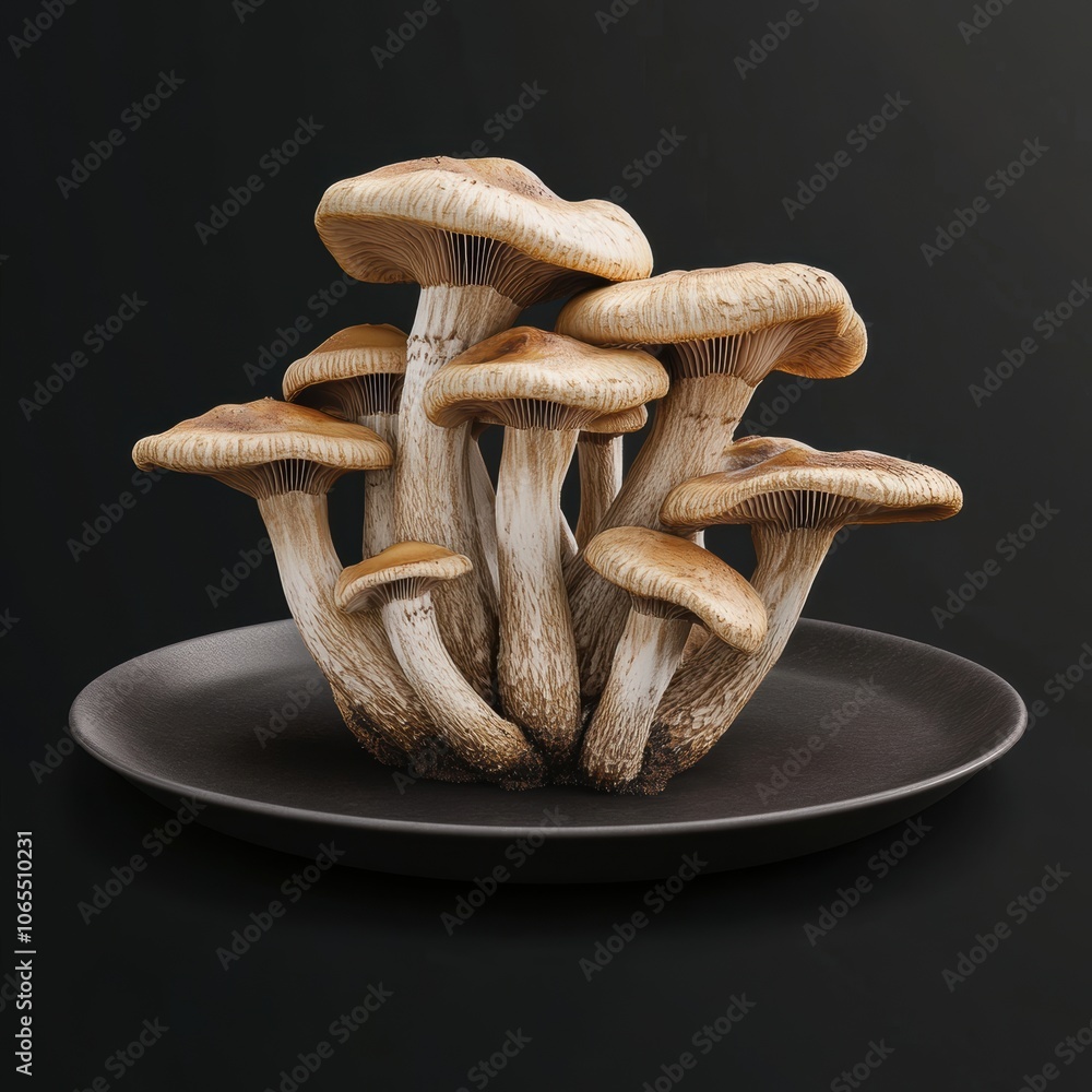 mushrooms are artistically arranged on a matte black plate, with their intertwined stem