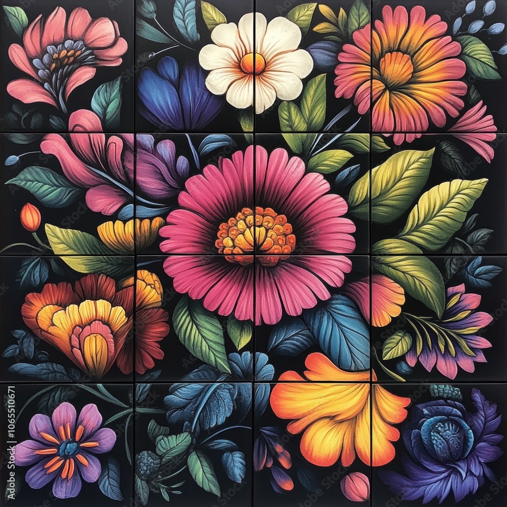 Tiles with bold floral designs in a symmetrical layout, sharp details and vibrant colors
